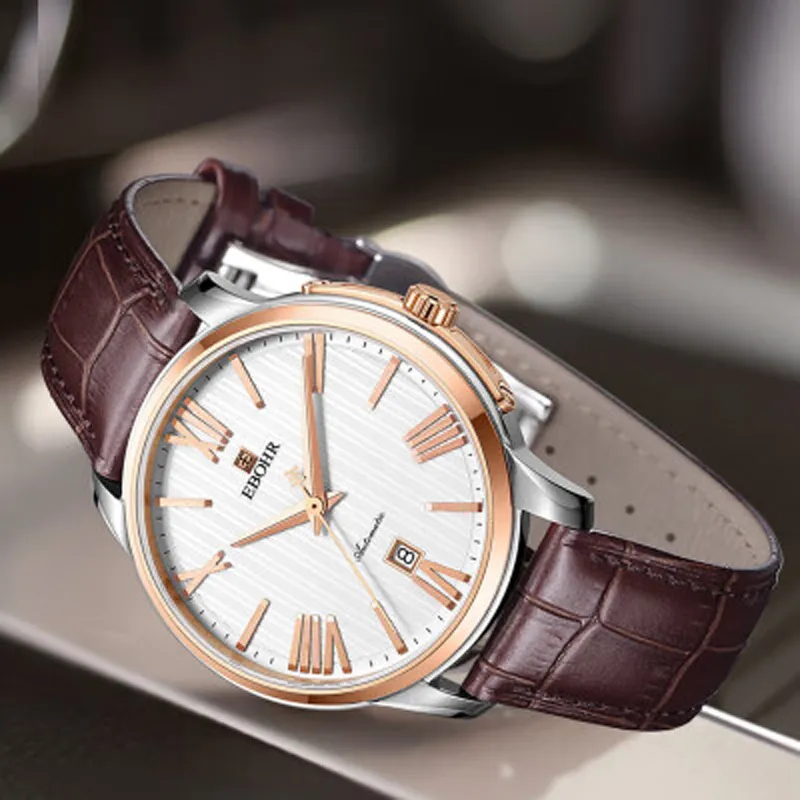 EBOHR Premium Collection Automatic Mechanical Movement Genuine Leather Strap Watch Men's Watches White Dial-2