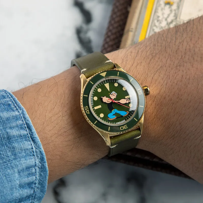 UNDONE Popeye Automatic Mechanical Movement Leather Watch Bands Watch Men's Watches Green Dial-3