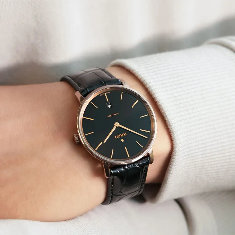 RADO Automatic Mechanical Movement Unisex Watch 41mm Black Dial Steel Case Crocodile Leather Strap-3