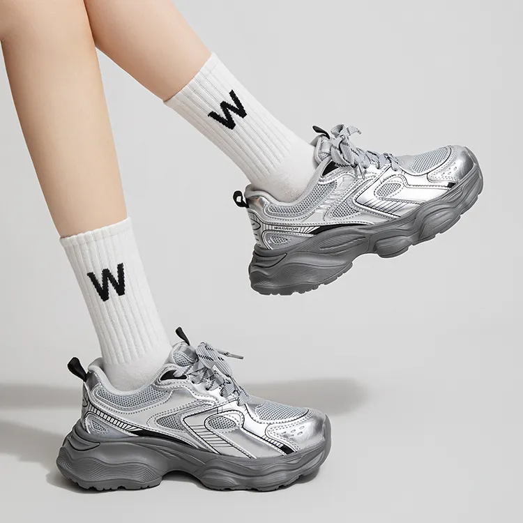 Warrior Wear Resistant Low Top Chunky Sneakers Women's Silver Gray Black-5