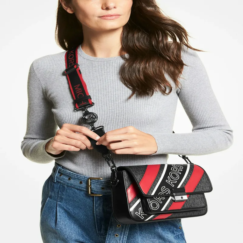 MICHAEL KORS Bradshaw Canvas Shoulder Bag Crossbody Bag Medium Size Women's Black & Red-4