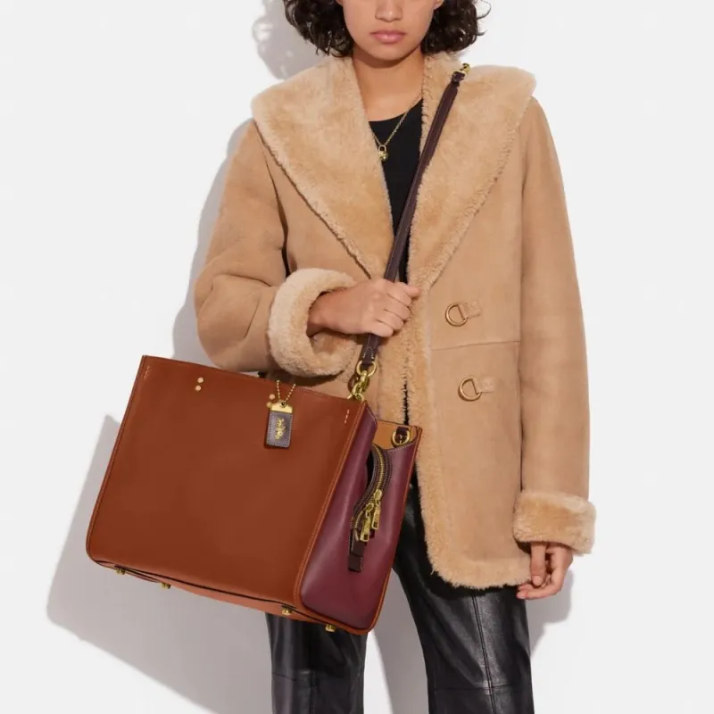 COACH Rogue Natural Pebbled Leather Handbag Shoulder Bag Crossbody Bag Large Size Women's Saddle Color-4