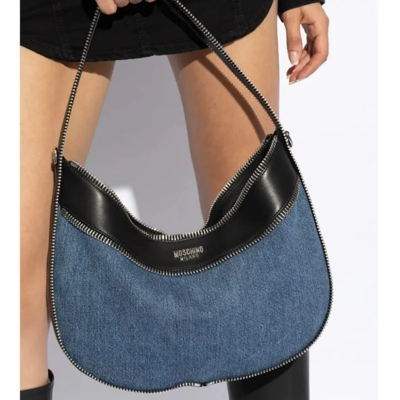 MOSCHINO Logo Lettering Denim Shoulder Bag-3
