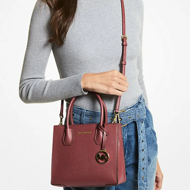 MICHAEL KORS Mercer Pebble Leather Shoulder Bag, Crossbody Bag, Handbag Medium Size Women's Deep Cherry-2