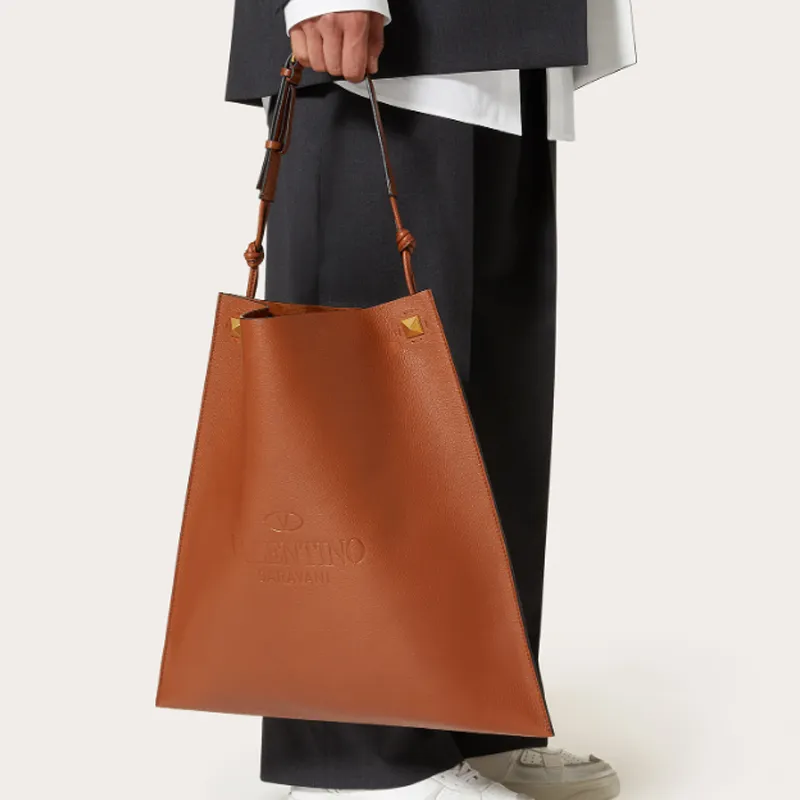 Valentino Leather Tote Bag Shopping Bag Handbag Men's Brown-3