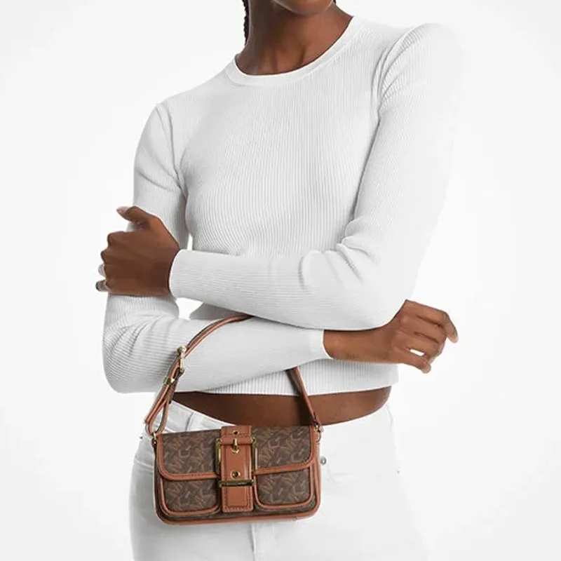 MICHAEL KORS Cow Leather Logo Print Handbag Extra Small Women's Dark Brown & Acorn Brown-3