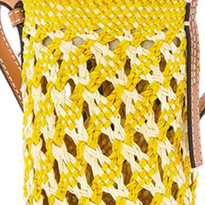 LOEWE Cylinder Pocket Palm With Calfskin Patch Straw Bag Vacation Bag Shoulder Bag Crossbody Bag Women's Yellow-5