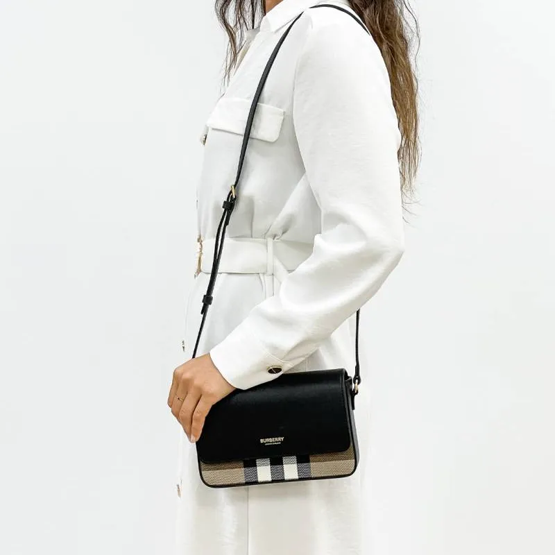 Burberry Leather Paneled Canvas Shoulder Bag Crossbody Bag Women's Black-11