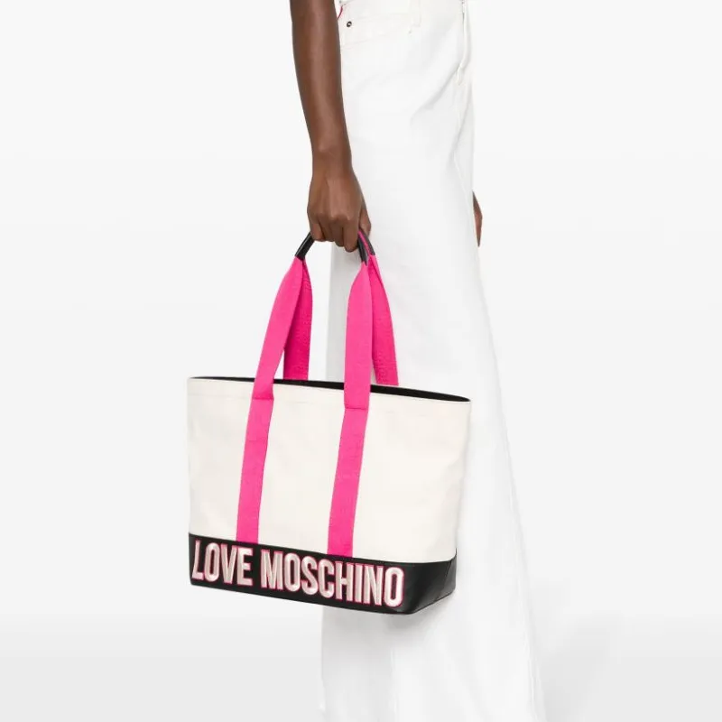 LOVE MOSCHINO Canvas Bag, Tote Bag, Shopping Bag, One Shoulder Bag, Slim Leg Bag Women's White-2