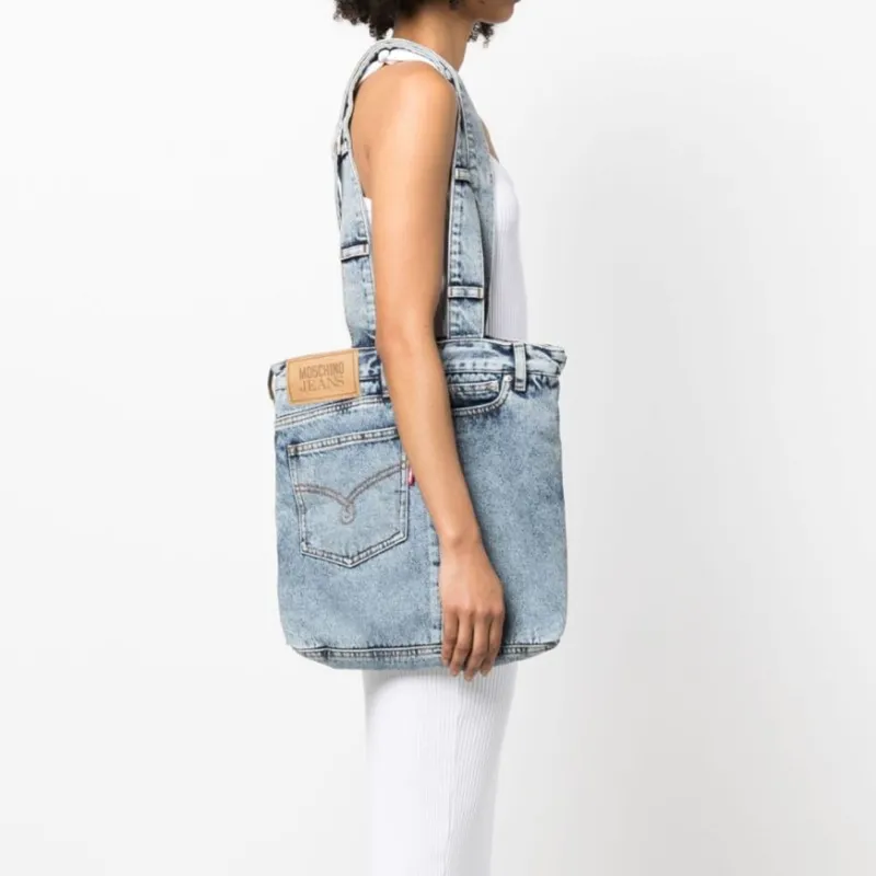 MOSCHINO Cotton Tote Bag, Shopping Bag, Handbag, Shoulder Bag Women's Denim Blue-4