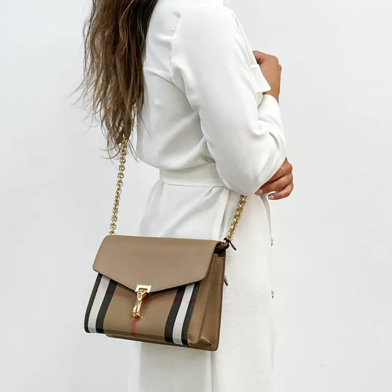 Burberry Cow Leather Shoulder Bag, Crossbody Bag Women's Beige & Brown-3