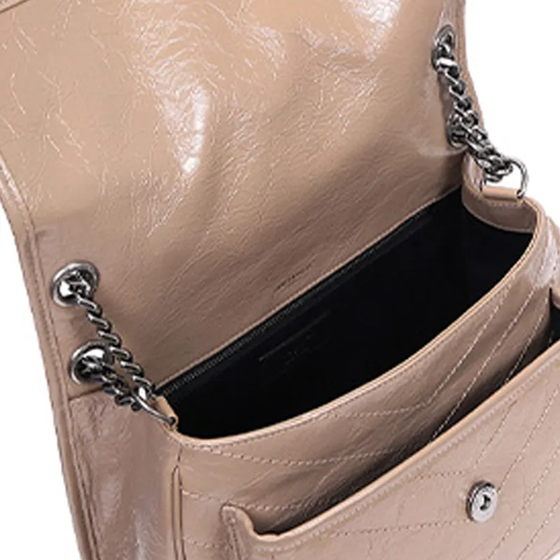 SAINT LAURENT Niki Leather Hobo Bag Chain Crossbody Bag Shoulder Bag Medium Size Women's Milk Tea Beige-4