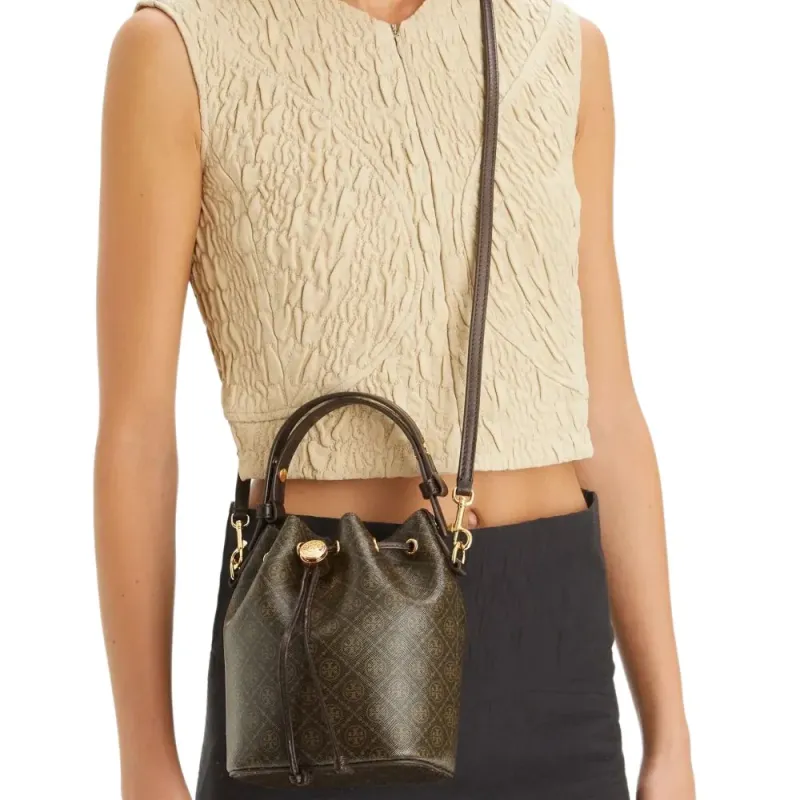TORY BURCH T Monogram Coated Canvas Mini Bucket Bag French Press-4