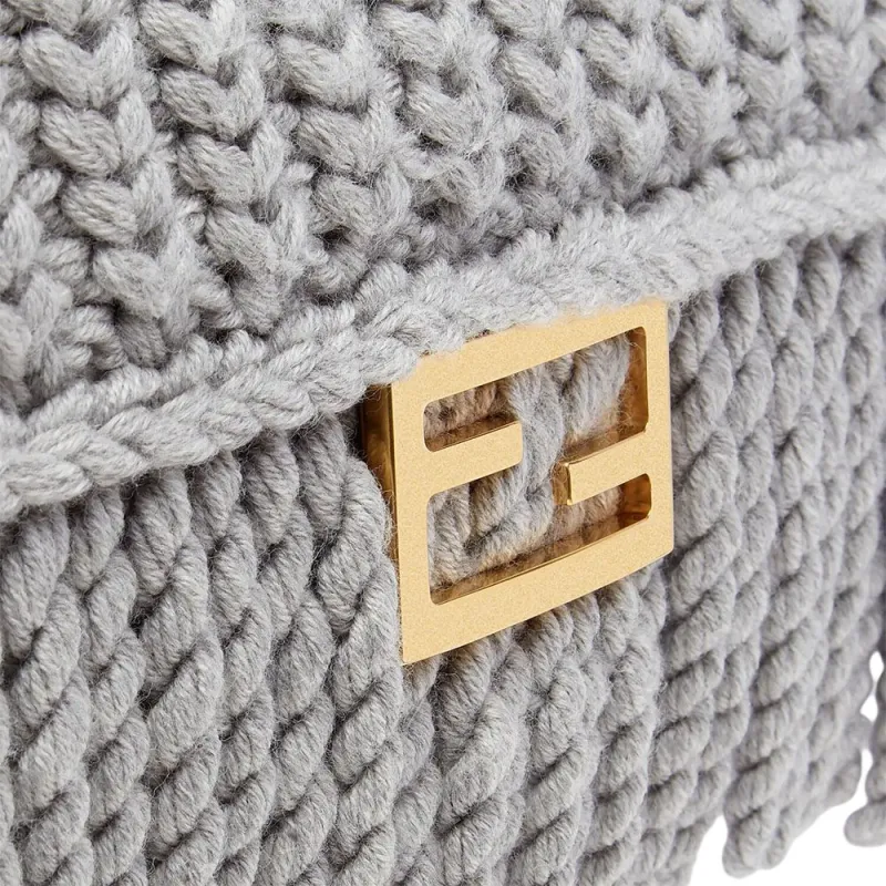 FENDI Baguette Wool With Leather Handbag Medium Size Women's Gray-4