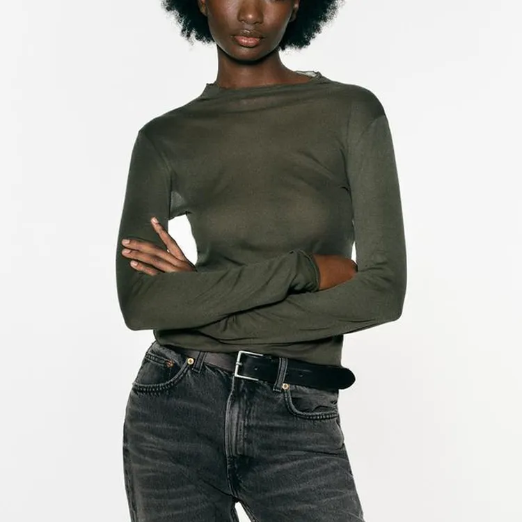 ZARA Drop Shoulder Sleeve T-Shirt Women's Khaki-1