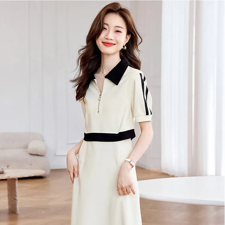 Mo Han Yi Mei Short-Sleeved Dresses Women's Ecru Color Blocking Black-2