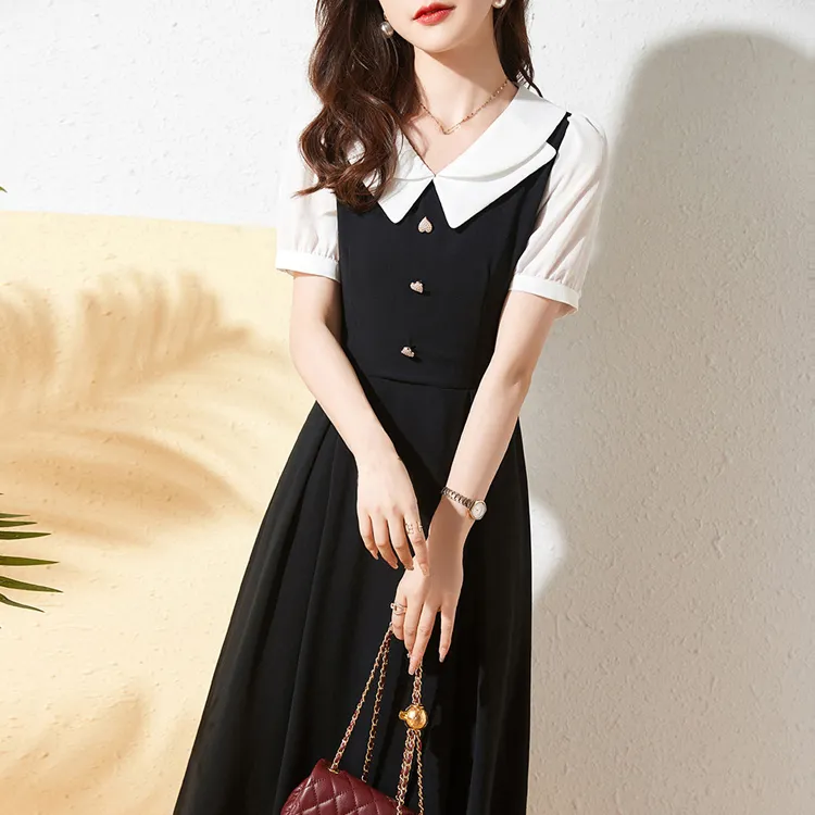 Mo Han Yi Mei Short-Sleeved Dresses Women's Black White Color Blocking-2