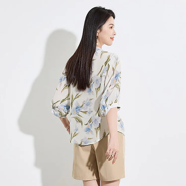 Yi Mengyuan Silk Shirt Women's Leaf Flower-3