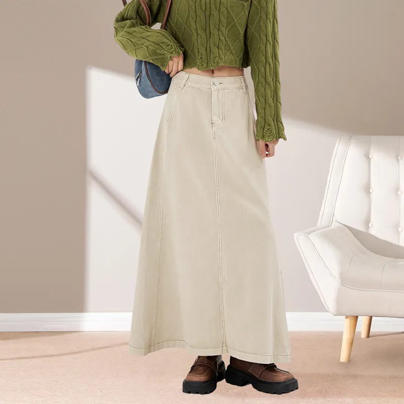 Weixi Denim Long Skirts Women's Apricot-1