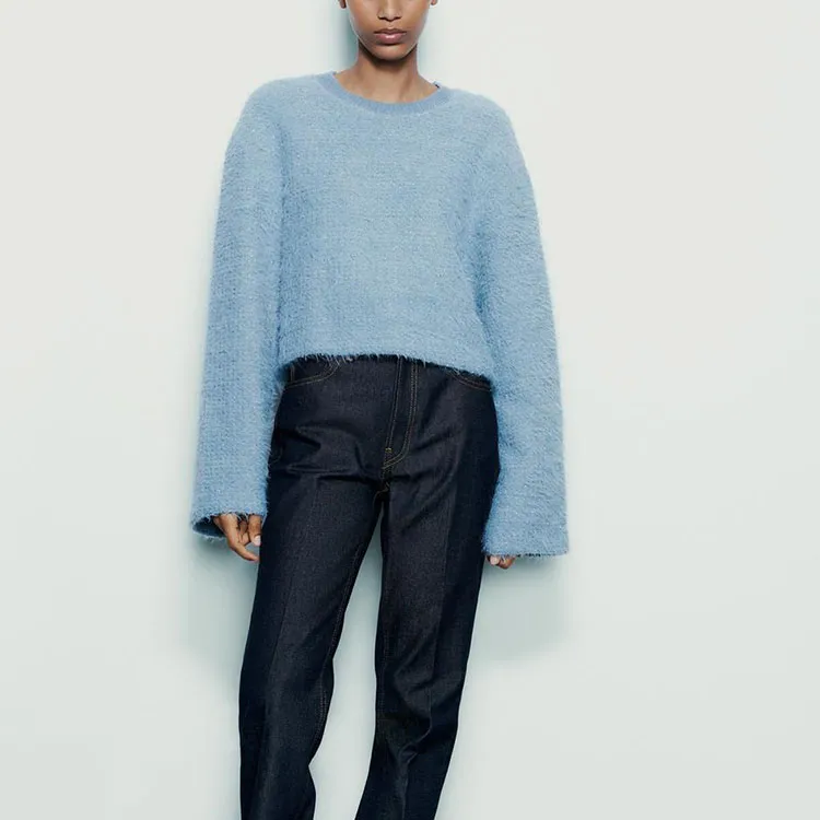 ZARA Crop Tops Women's Light Blue-2