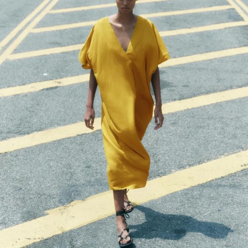 ZARA Short-Sleeved Dresses Women's Mustard-1