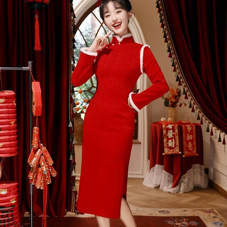Red Colored Clothes Cheongsam Women's Red-1