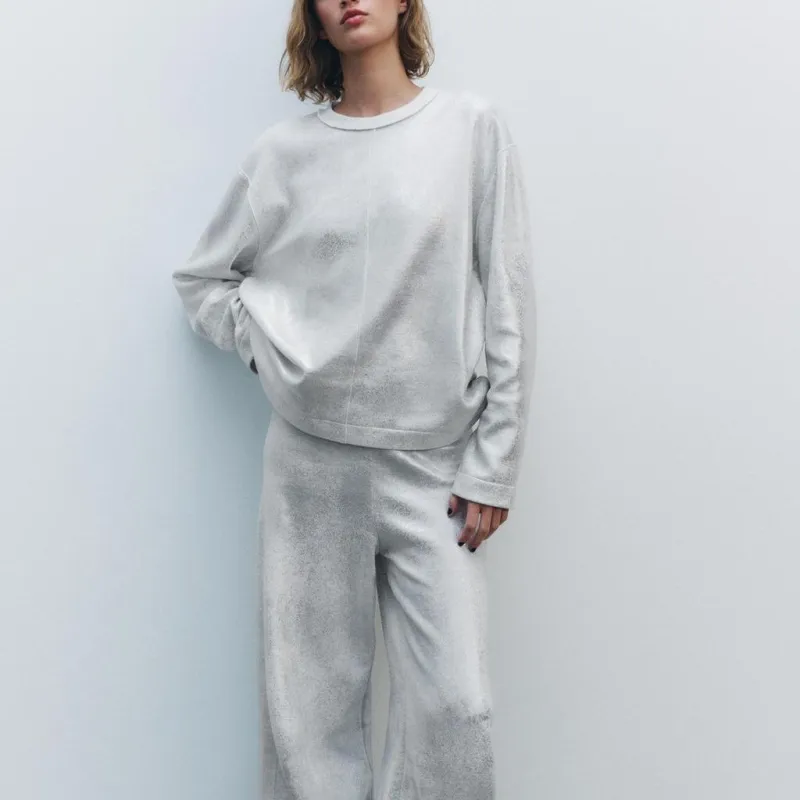 ZARA Drop Shoulder Sleeve T-Shirt Women's Silver-1