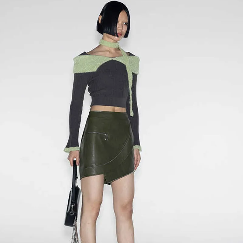 GIMING Leather Short Skirts Women's Green-3