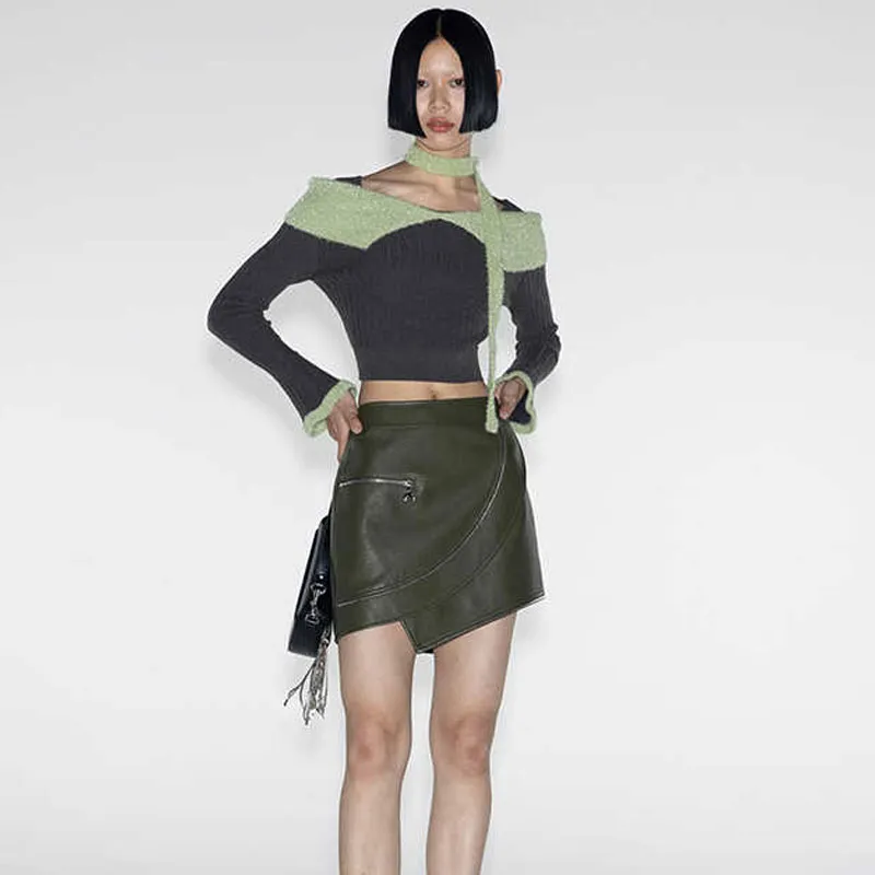 GIMING Leather Short Skirts Women's Green-2