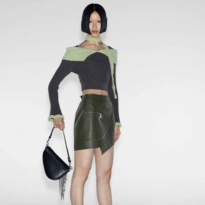GIMING Leather Short Skirts Women's Green-4
