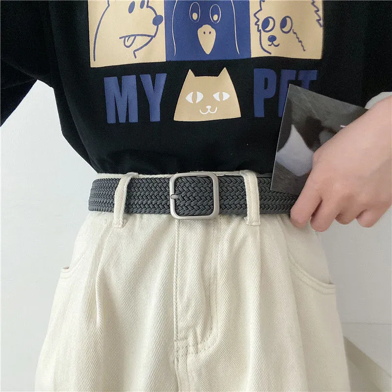 FUO Korean Style Woven Stretch Casual Alloy Free Perforated Pin Buckle Elastic Canvas Belt Unisex Width  3.8cm-1
