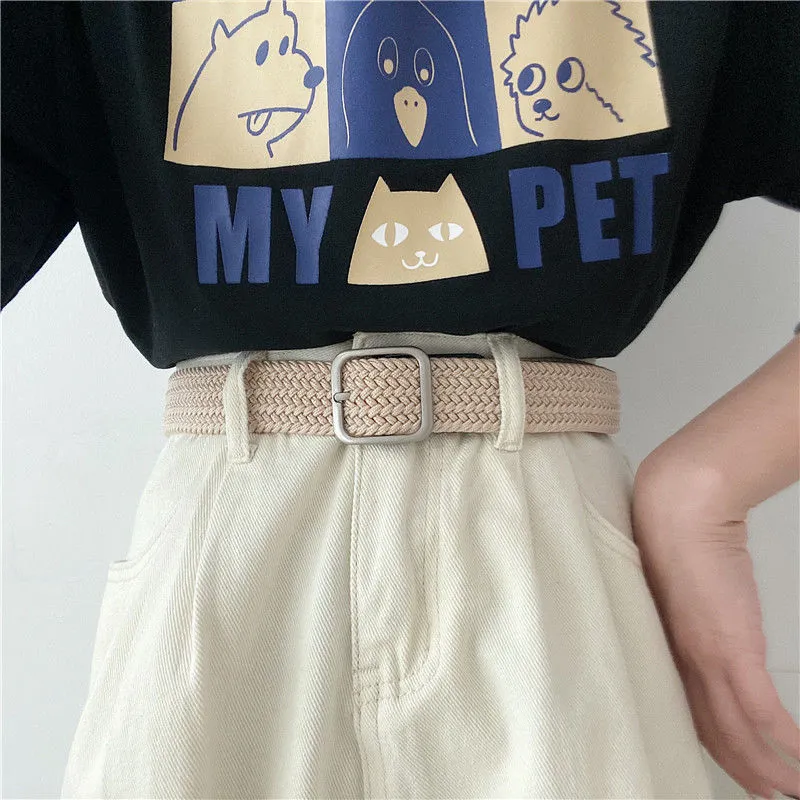 FUO Korean Style Woven Stretch Casual Alloy Free Perforated Pin Buckle Elastic Canvas Belt Unisex Width  3.8cm-7