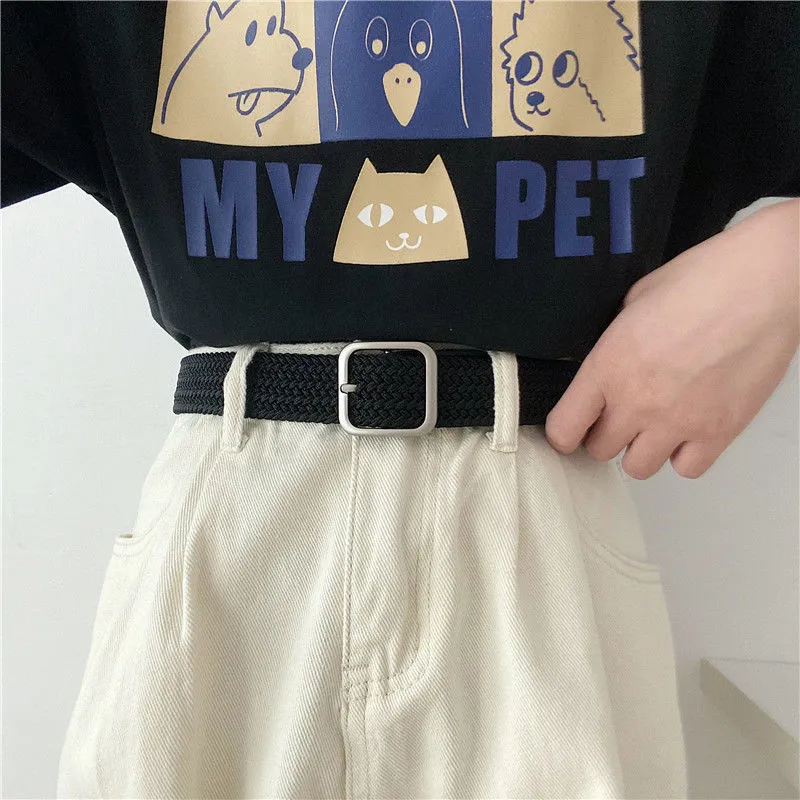 FUO Korean Style Woven Stretch Casual Alloy Free Perforated Pin Buckle Elastic Canvas Belt Unisex Width  3.8cm-3