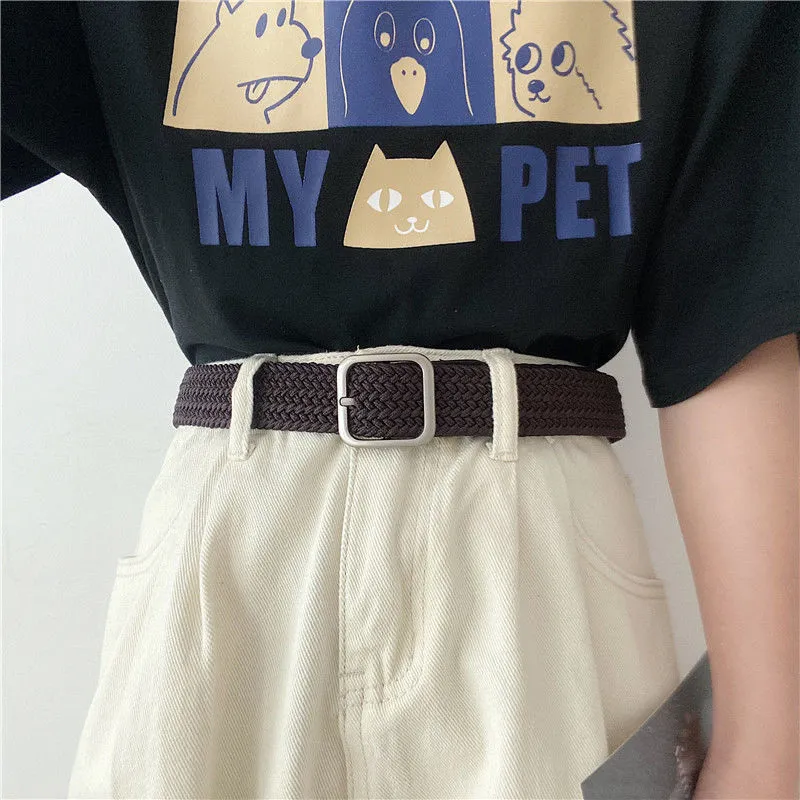FUO Korean Style Woven Stretch Casual Alloy Free Perforated Pin Buckle Elastic Canvas Belt Unisex Width  3.8cm-5