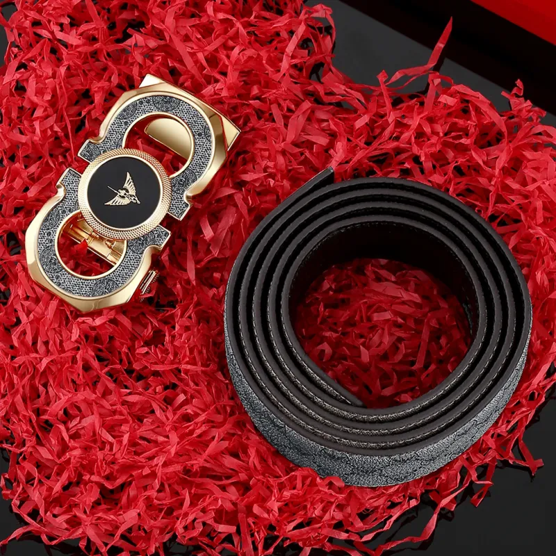 WilliamPOLO PVC/Cow Leather Leather Belts Men's Gold Buckle Gold Logo Gray Strap Width  3.5cm-3