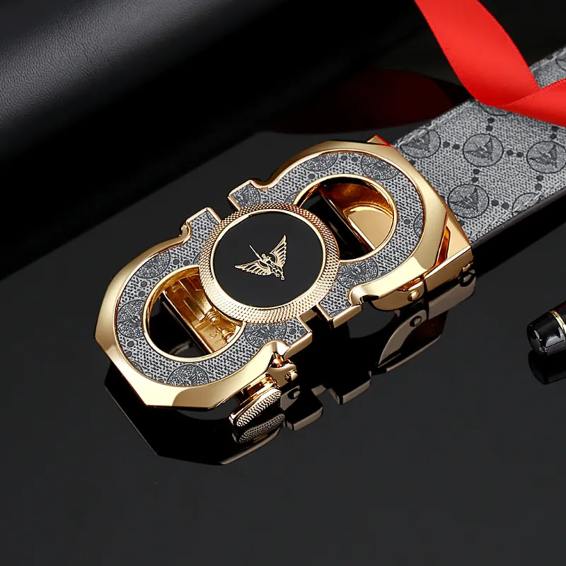 WilliamPOLO PVC/Cow Leather Leather Belts Men's Gold Buckle Gold Logo Gray Strap Width  3.5cm-6