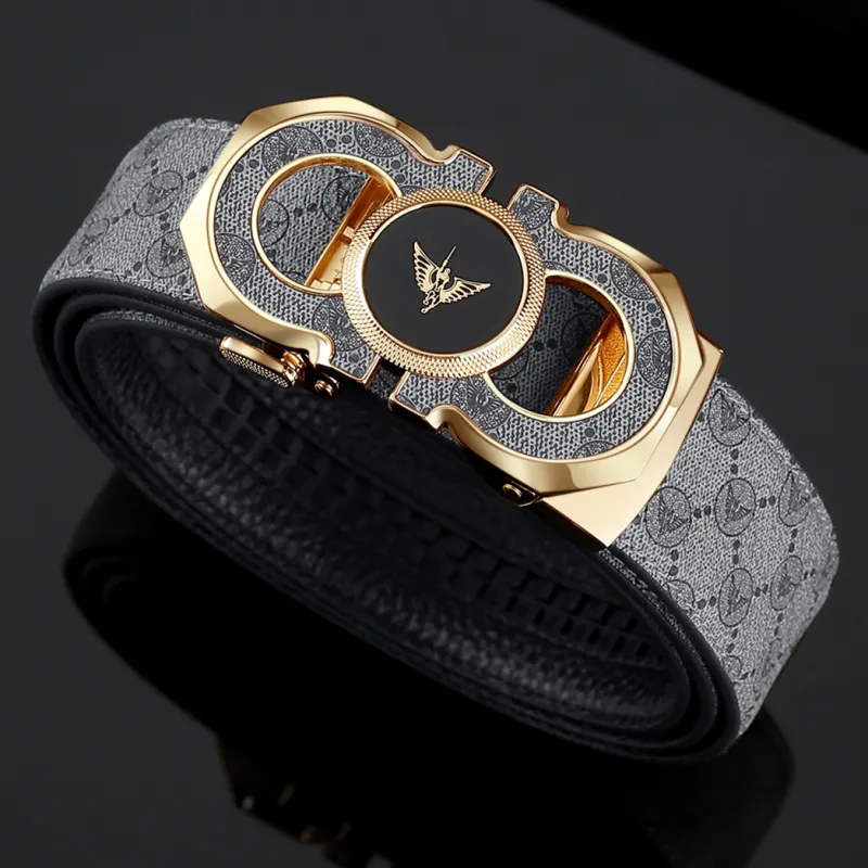 WilliamPOLO PVC/Cow Leather Leather Belts Men's Gold Buckle Gold Logo Gray Strap Width  3.5cm-4