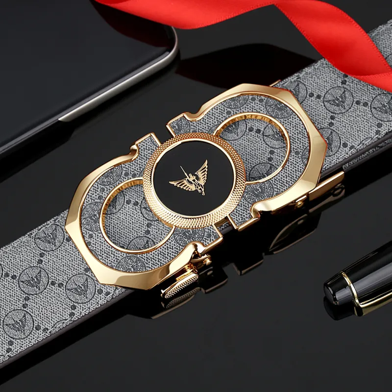WilliamPOLO PVC/Cow Leather Leather Belts Men's Gold Buckle Gold Logo Gray Strap Width  3.5cm-5