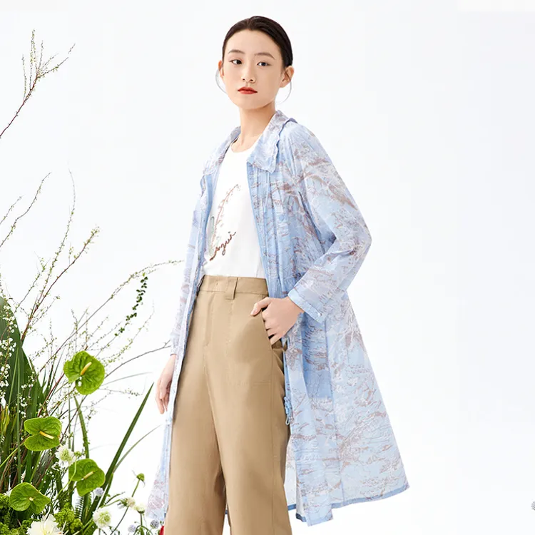 JZ Juzui Trench Coat Women's Floral Light Blue-2