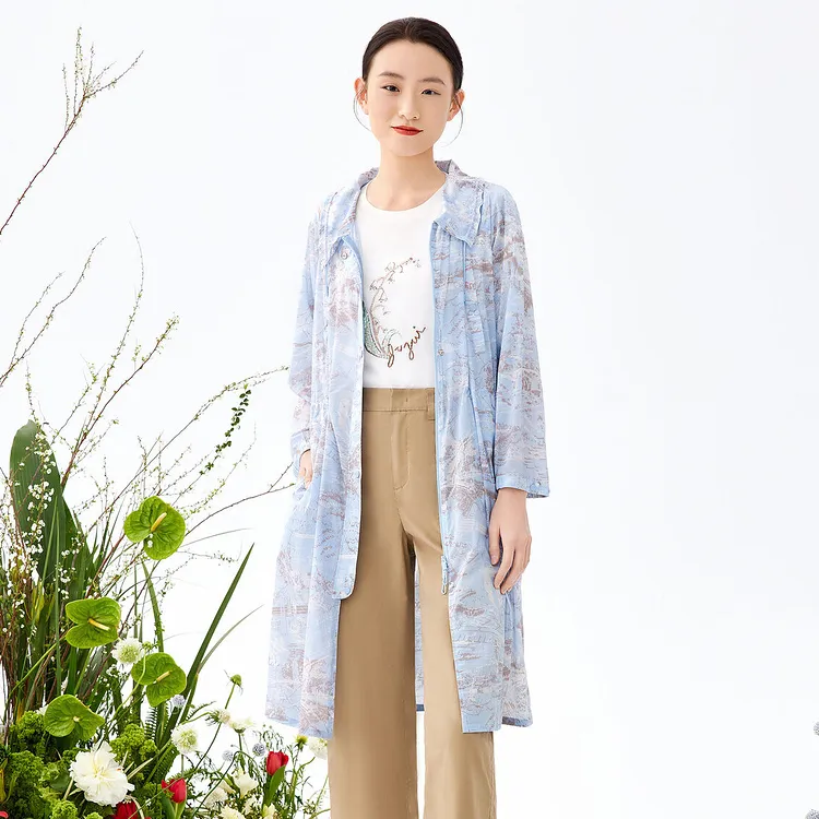 JZ Juzui Trench Coat Women's Floral Light Blue-1