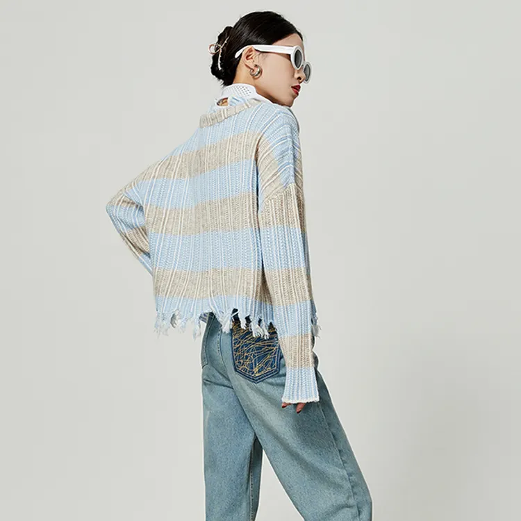 Weekly Knitwear Women's Blue And Brown Stripes-3