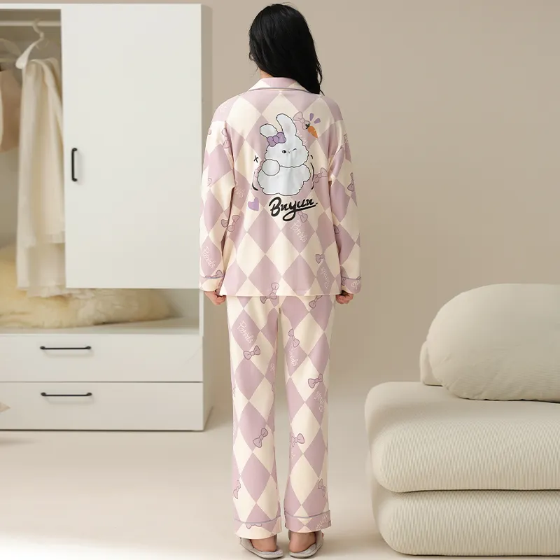 MIIOW Pajama Set Women's Gray Purple Rhombus Plaid Rabbit-1