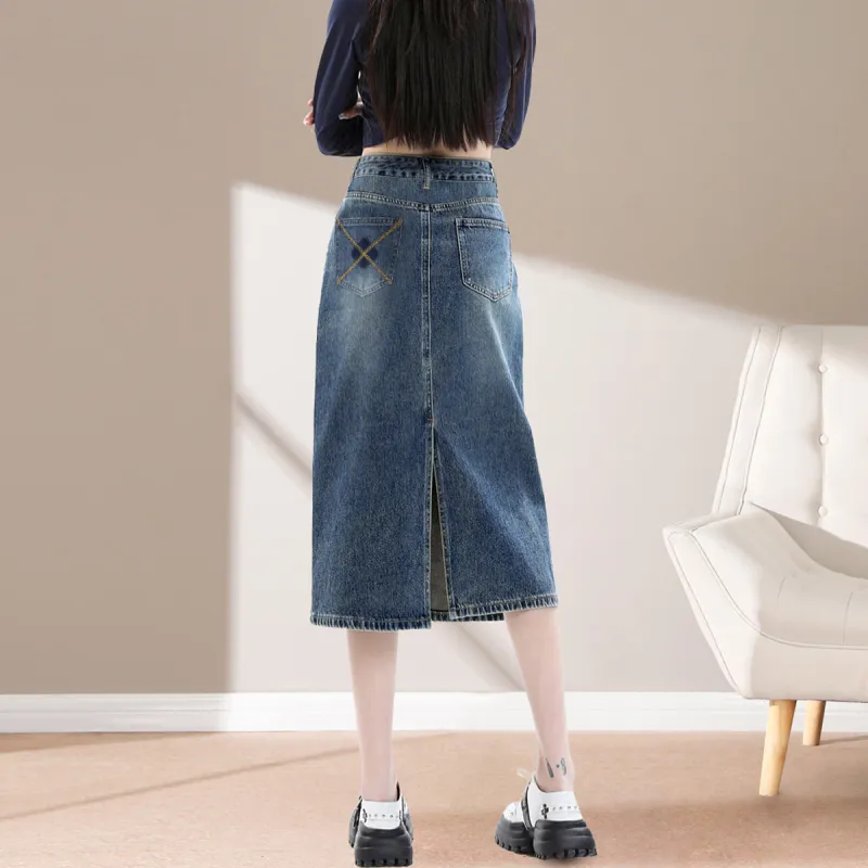 Weixi Denim Long Skirt Women's Blue-5