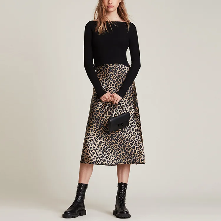 ALLSAINTS Two Piece Skirt Sets Women's Set Black Hoodie+Leopard Print Sleeveless Dress-1