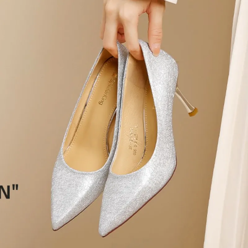 Spider King Slim Heel High Heels 7cm Women's Silver White-6