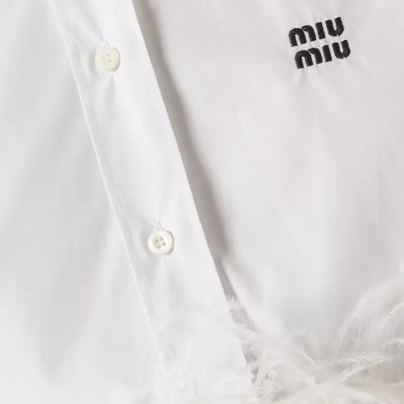MIU MIU Button Up Cropped Feather Trim Shirt-6