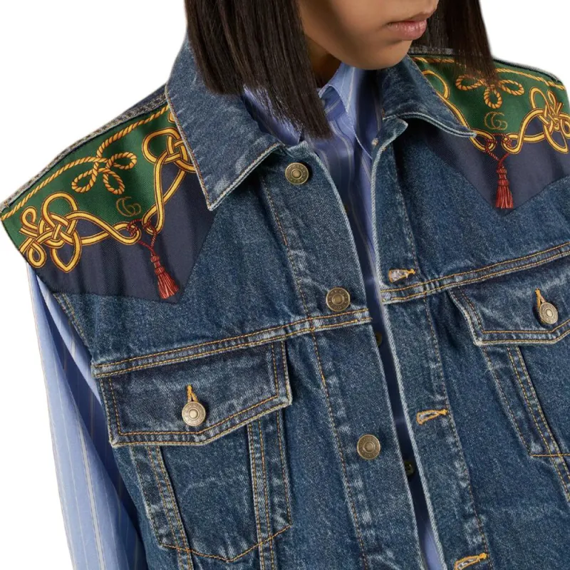 GUCCI Silk Scarf Panelled Denim Vest-3