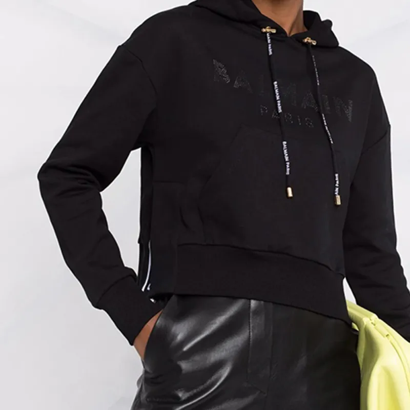 BALMAIN Embellished Drawstring Cropped Hoodie-5