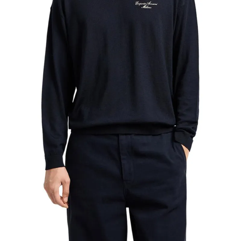 EMPORIO ARMANI Virgin wool Plain knit Jumper With Italic Logo Embroidery-5