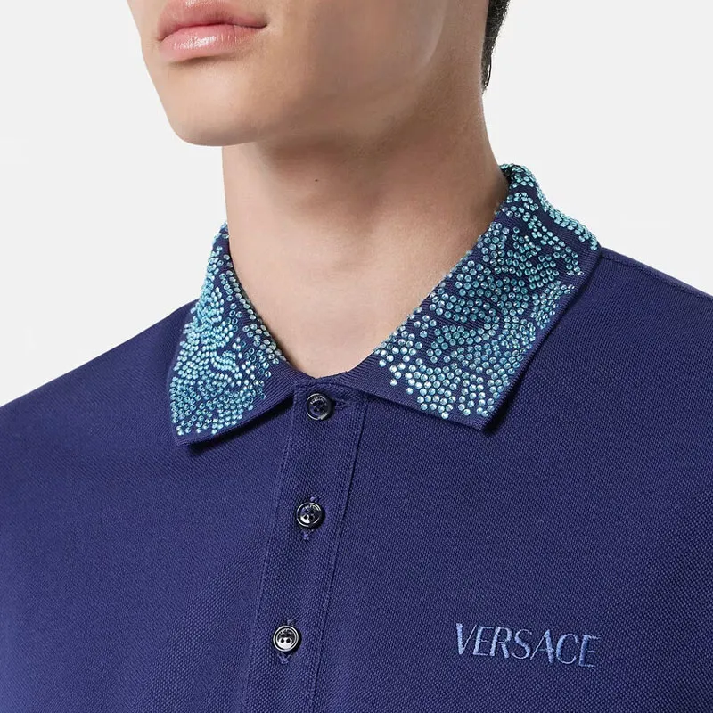 VERSACE Crystal Barocco Polo Shirt Polo Shirt Men's Blue-4